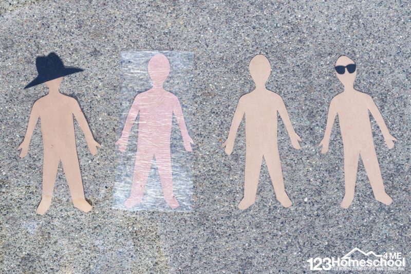 four construction paper people are shown. One is wearing a hat, one is wrapped in plastic wrap, one is plain, and one is wearing sunglasses.