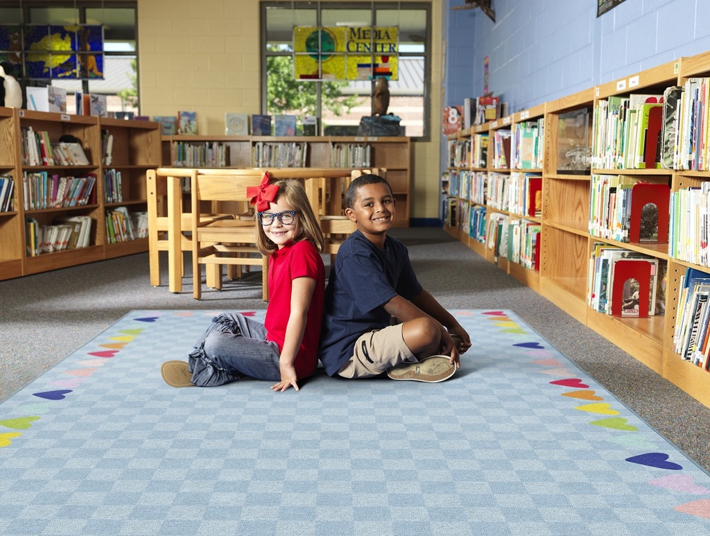 Schoolgirl Style Blue With Rainbow Hearts Border Rectangle Area Rug