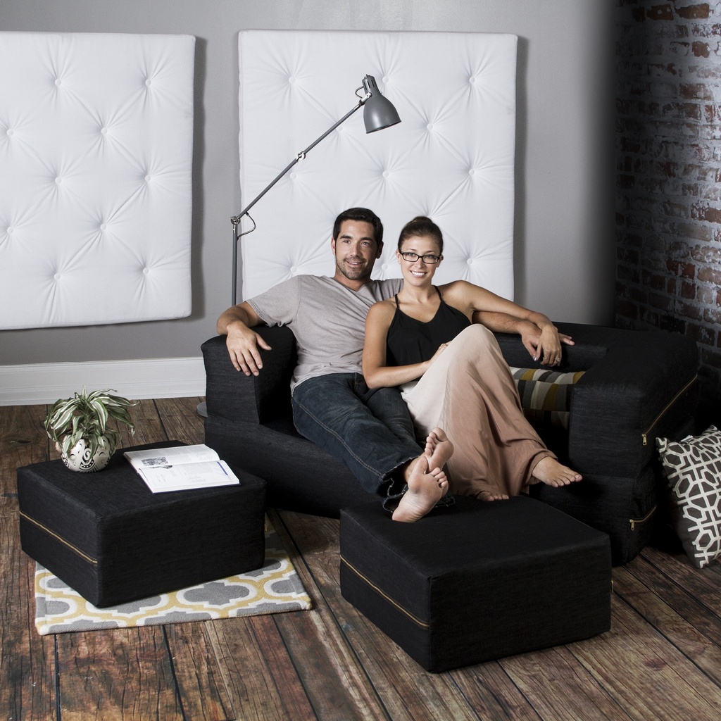 Black Zipline Denim Convertible Sleeper Loveseat & Ottomans