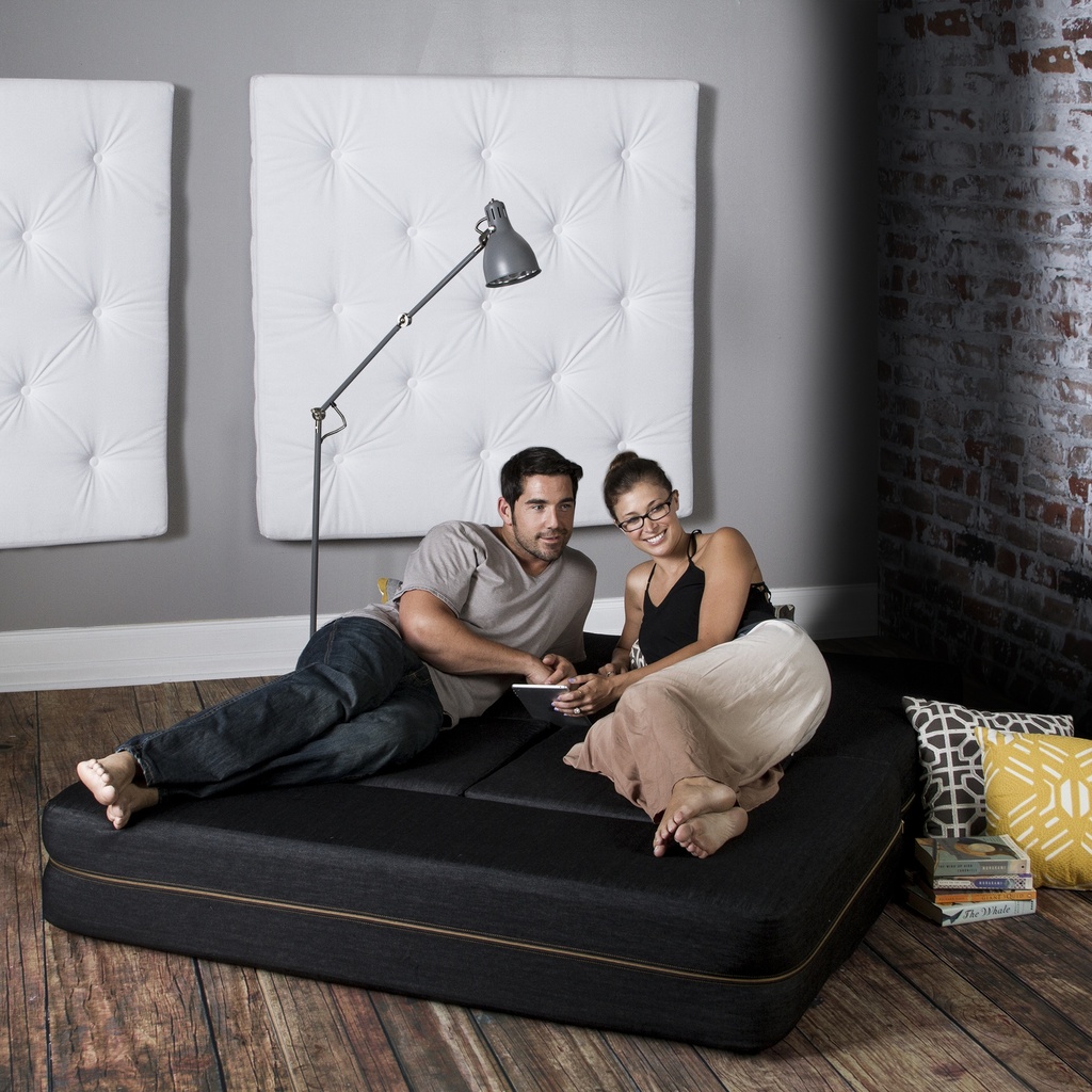 Black Zipline Denim Convertible Sleeper Loveseat & Ottomans