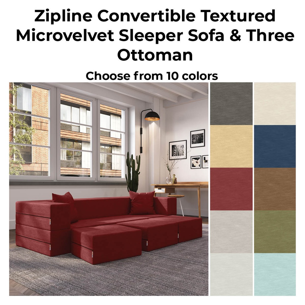 Zipline Convertible Textured Microvelvet  Sleeper Sofa & Three Ottoman