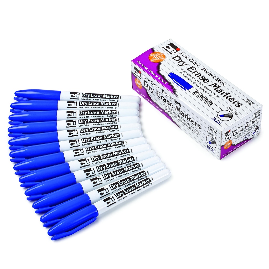 Dry Erase Markers, Low Odor, Pocket Style, Bullet Tip, Blue, 12 Per Box, 3 Boxes