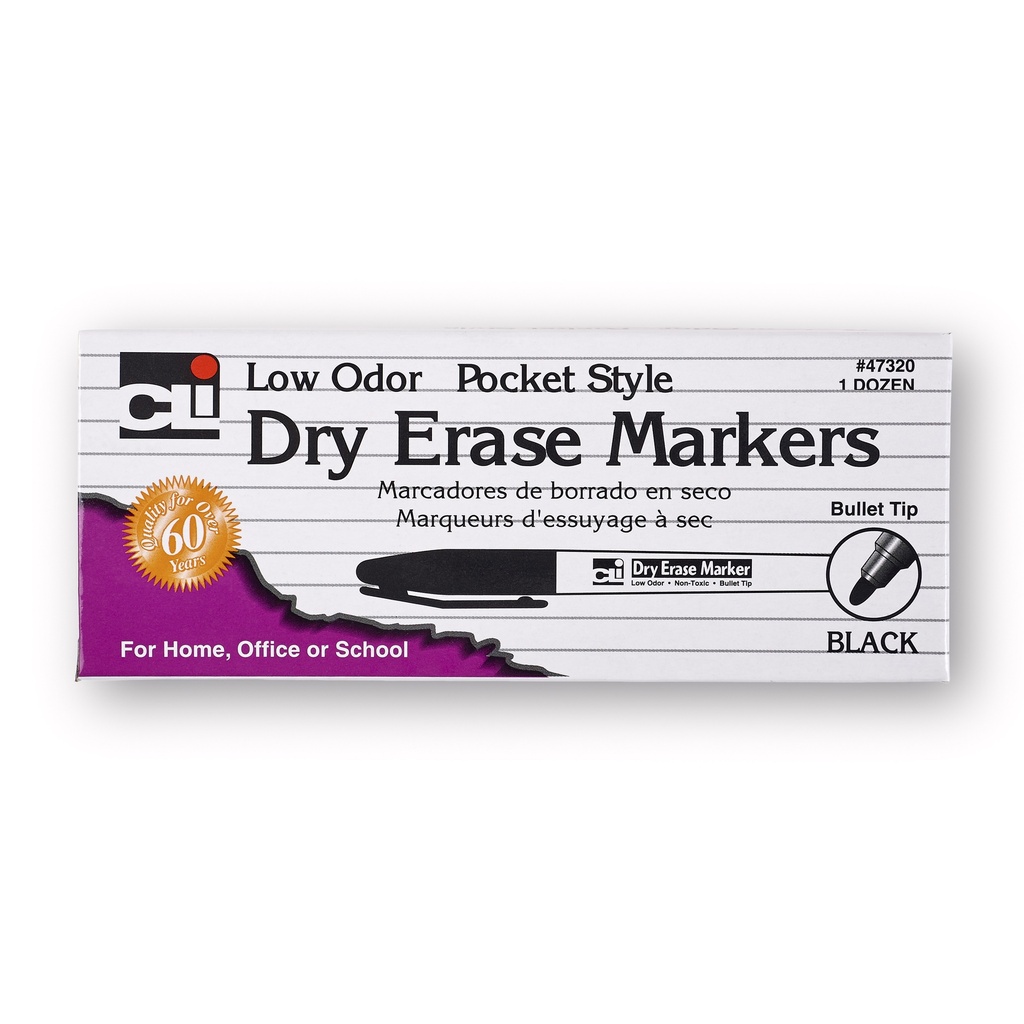 Dry Erase Markers, Pocket Style, Bullet Tip, Black, 12 Per Pack, 3 Packs