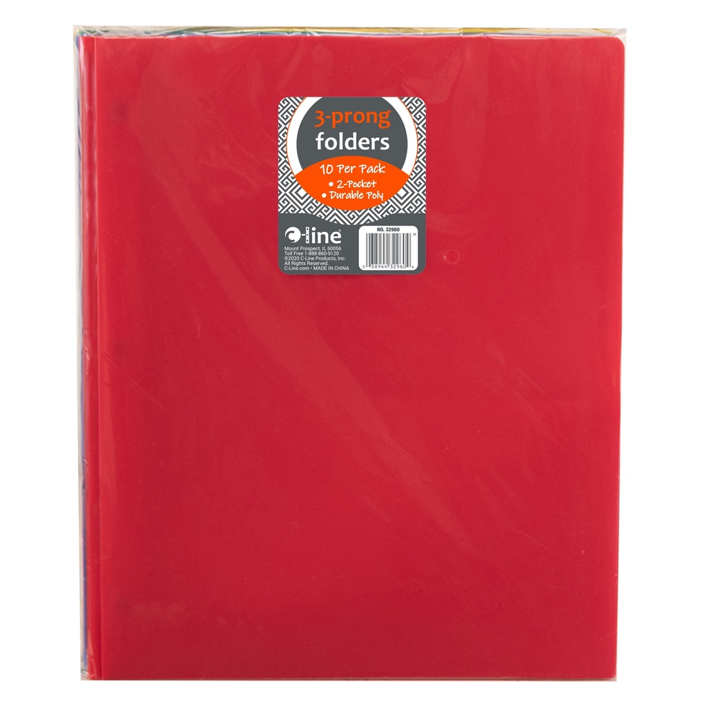 Two-Pocket Heavyweight Poly Portfolio Folder with Prongs, Assorted Primary Colors, 10 Per Pack, 2 Packs