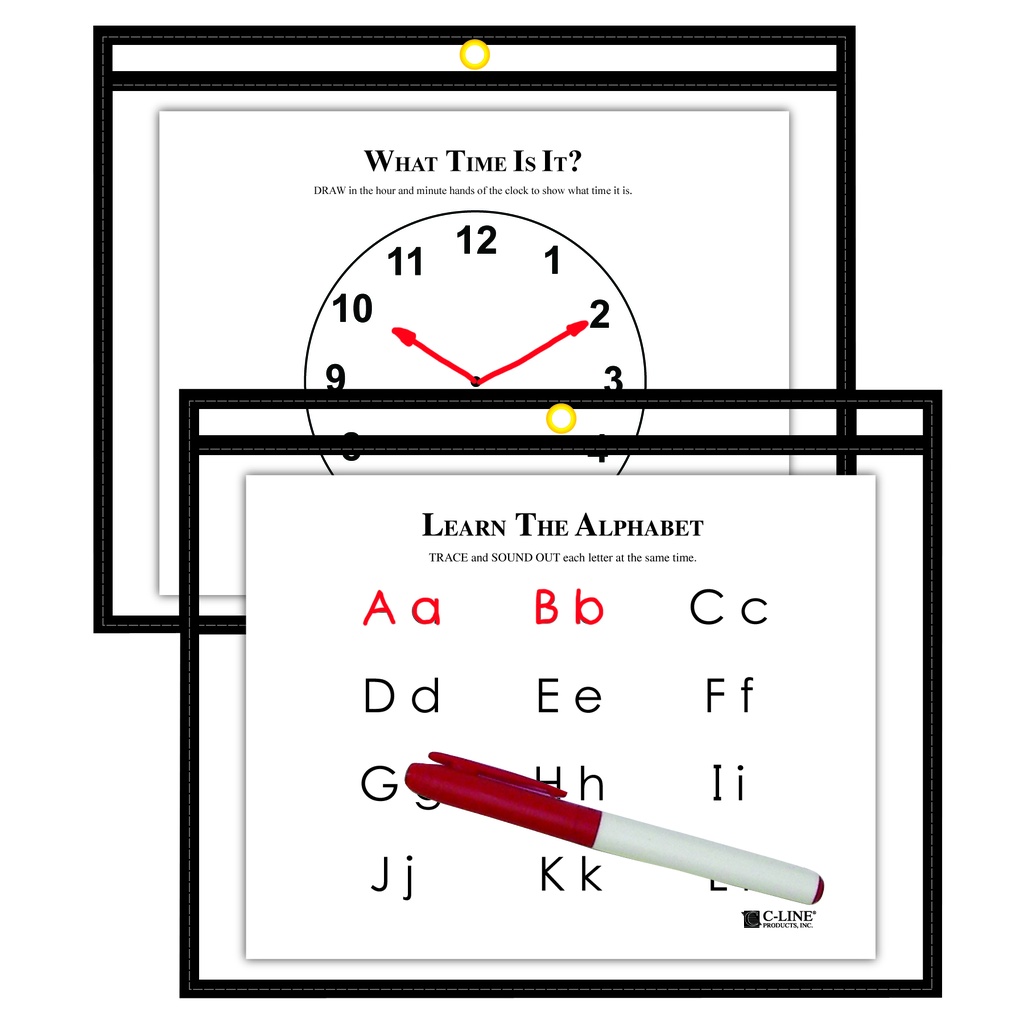 Reusable Dry Erase Pockets - Study Aid, Black, 12" x 9", Pack of 10