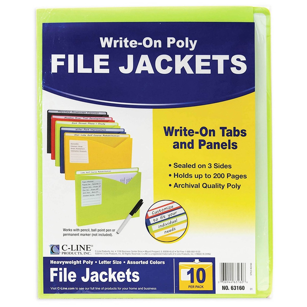 Write-On Poly File Jackets, Assorted Colors, 11" x 8-1/2", 10 Per Pack, 2 Packs