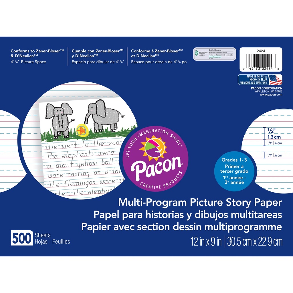 Multi-Program Picture Story Paper, 1/2" Ruled, White, 12" x 9", 500 Sheets Per Pack, 2 Packs