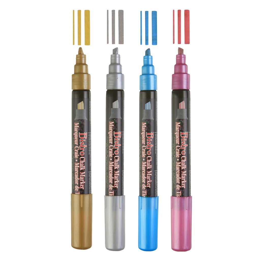 Bistro Chisel Tip Chalk Markers 4-Color Set: Gold, Silver, Blue, Red
