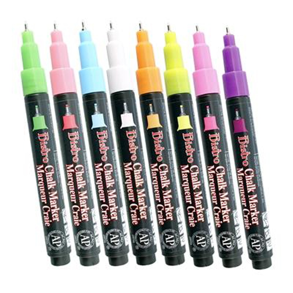Bistro Extra Fine Tip Chalk Markers 4-Color Set: Fluorescent Pink, Blue, Green, Yellow