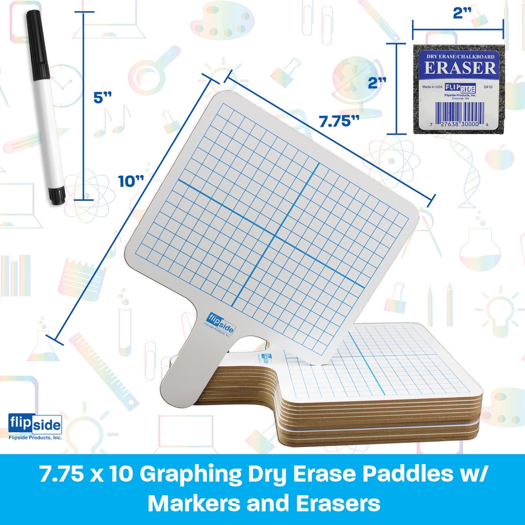 Two-Sided Rectangular Dry Erase Graphing Paddles, Pens, and Erasers Class Pack of 12