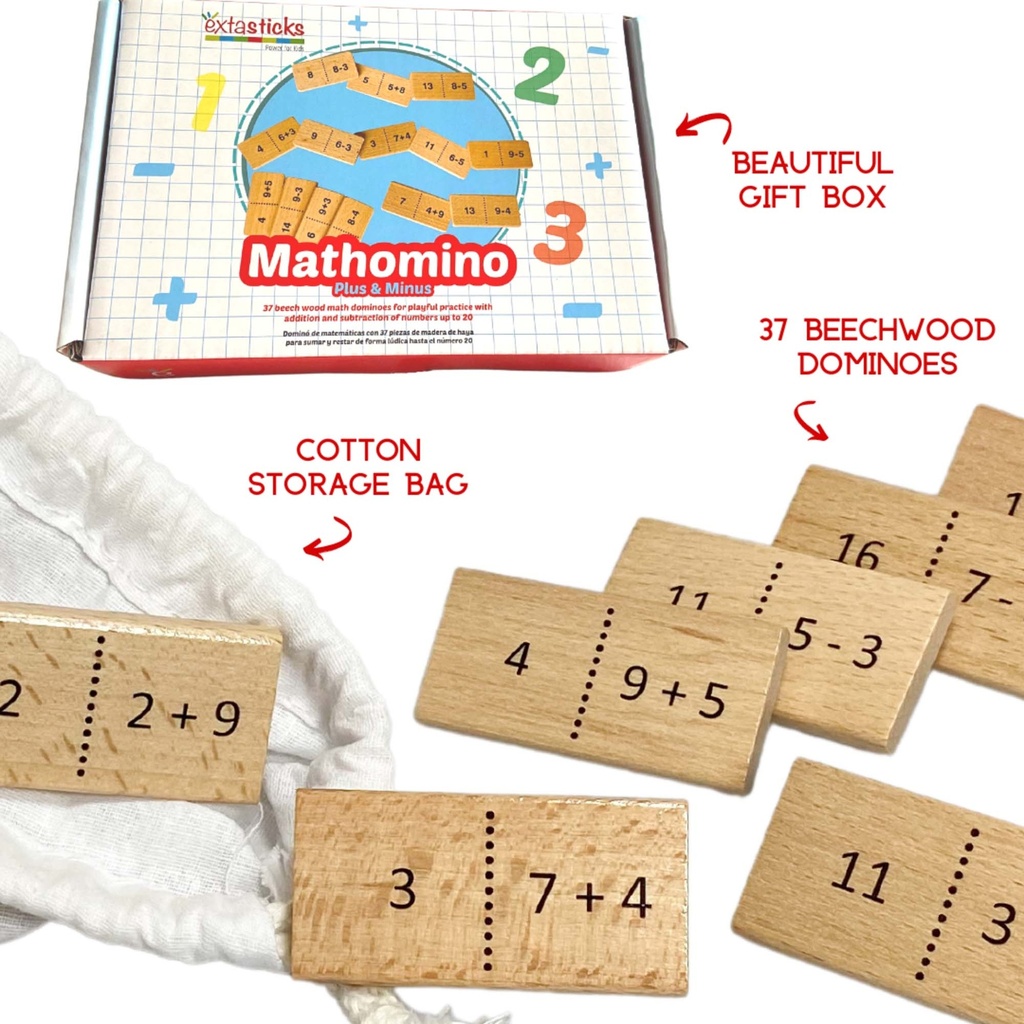 Mathomino Plus & Minus up to 20 Addition & Subtraction Wooden Math Domino Game