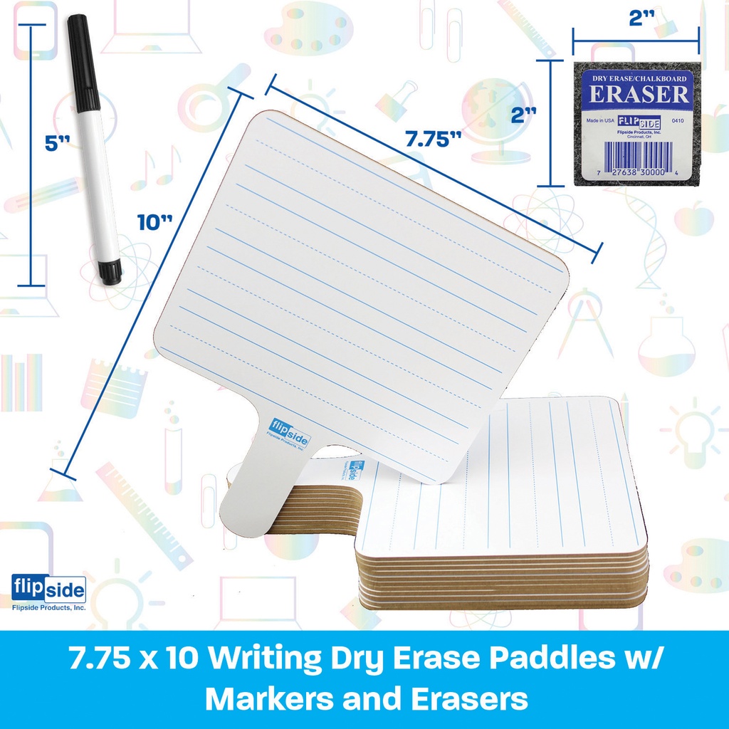 Two-Sided Rectangular Dry Erase Paddles, Pens, and Erasers Class Pack of 12