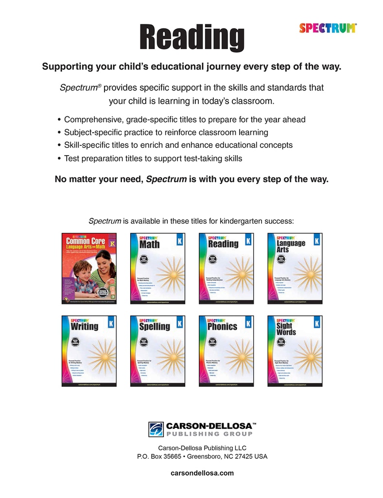 Spectrum Reading Workbook Grade K Paperback