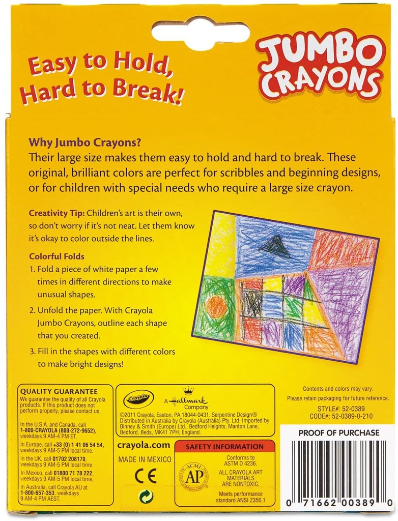 Pen+Gear 8ct Jumbo Crayons in Printed Paper Box. Multicolor, Non Toxic and  Safety Crayons.