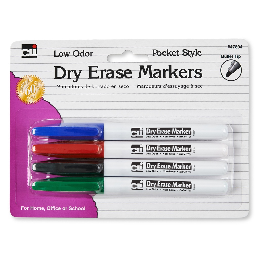 48 Pocket Style Bullet Tip Dry Erase Markers in 4 Assorted Colors