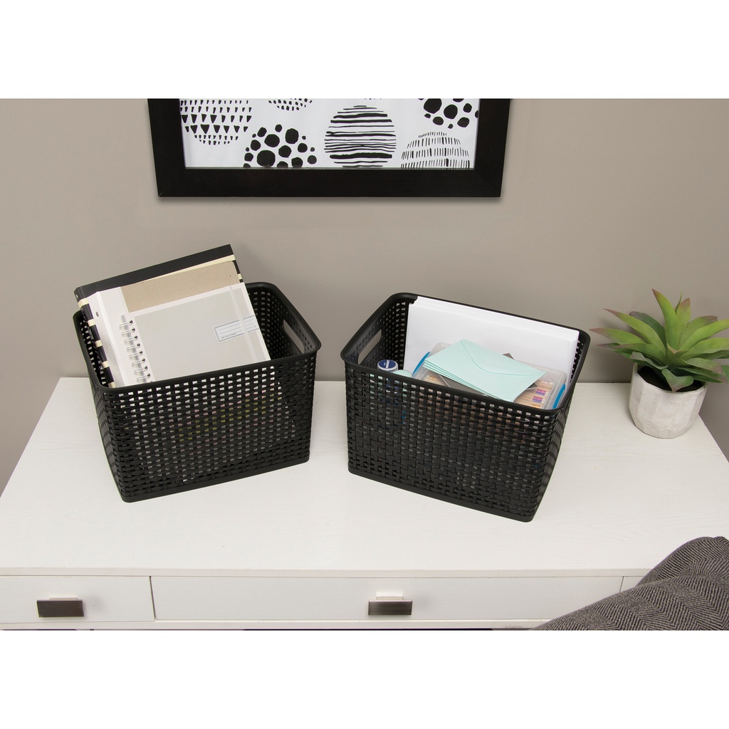 Large Black Plastic Weave Bins Set of 2