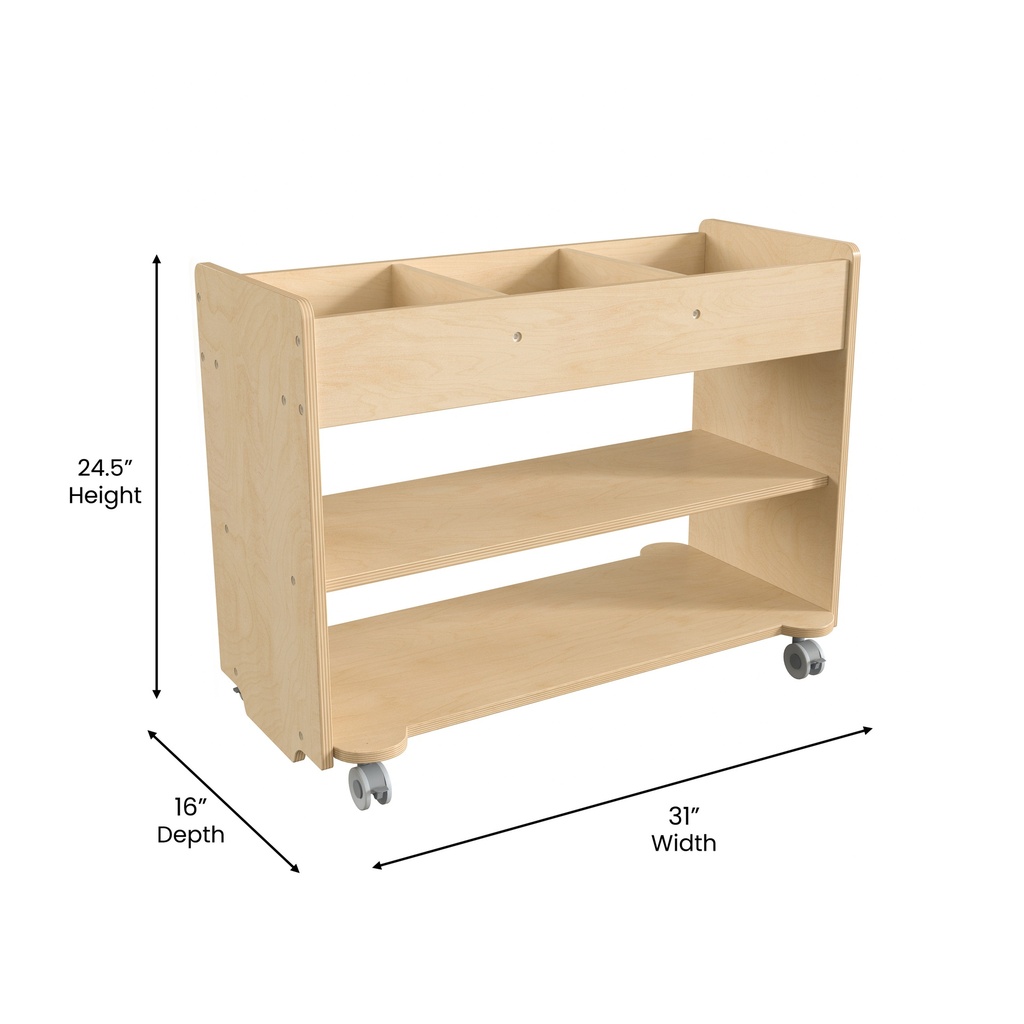 Wooden 3 Cubby/2 Shelf Mobile Storage Cart with Locking Caster Wheels