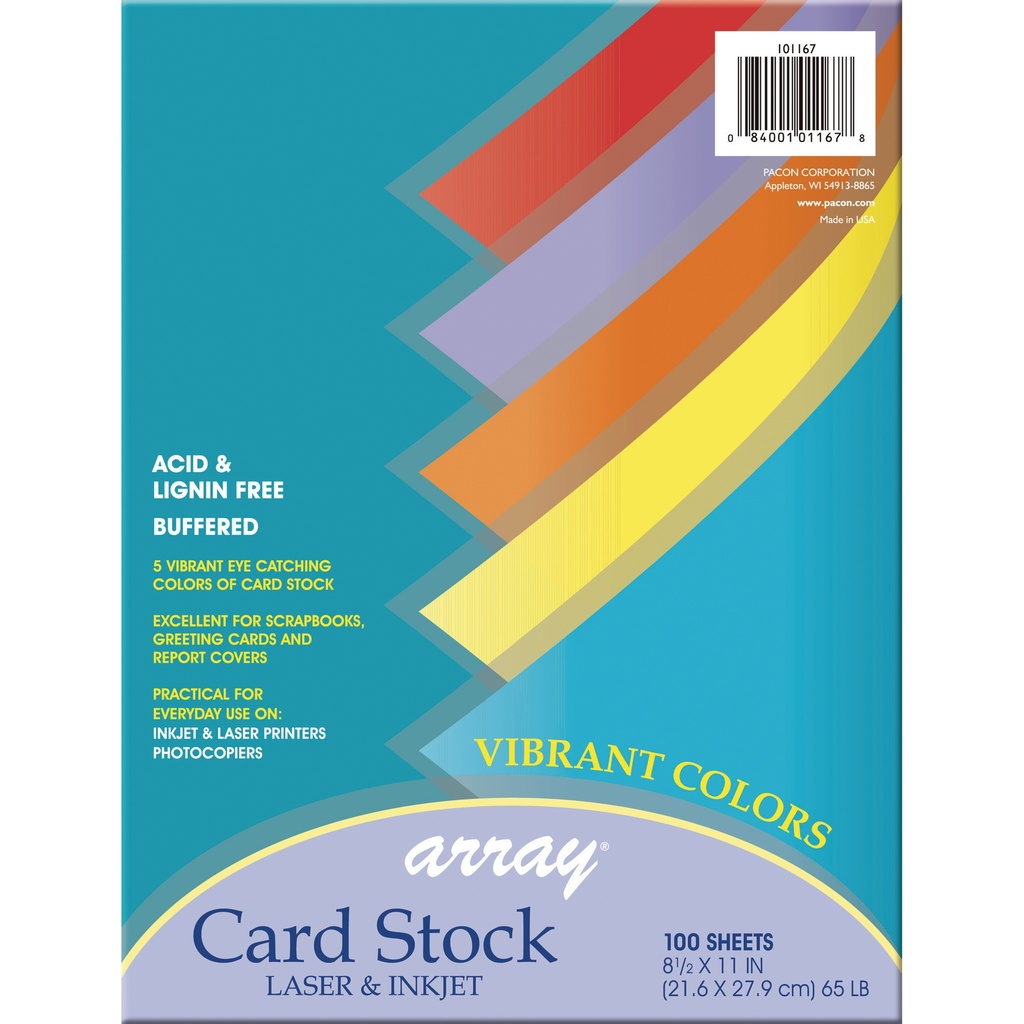 100ct 8.5x11 5 Vibrant Colors Card Stock