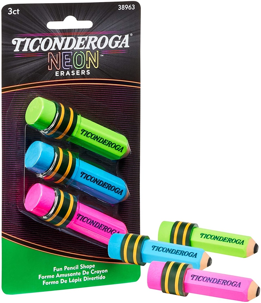 3ct Ticonderoga Neon Pencil Shaped Erasers