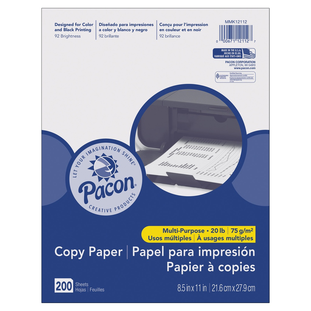 Multi-Purpose Paper, White, 20 lb., 8-1/2" x 11", 200 Sheets Per Pack, 3 Packs