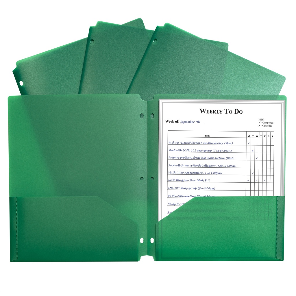 Two-Pocket Heavyweight Poly Portfolio Folder with Three-Hole Punch, Green, Pack of 25