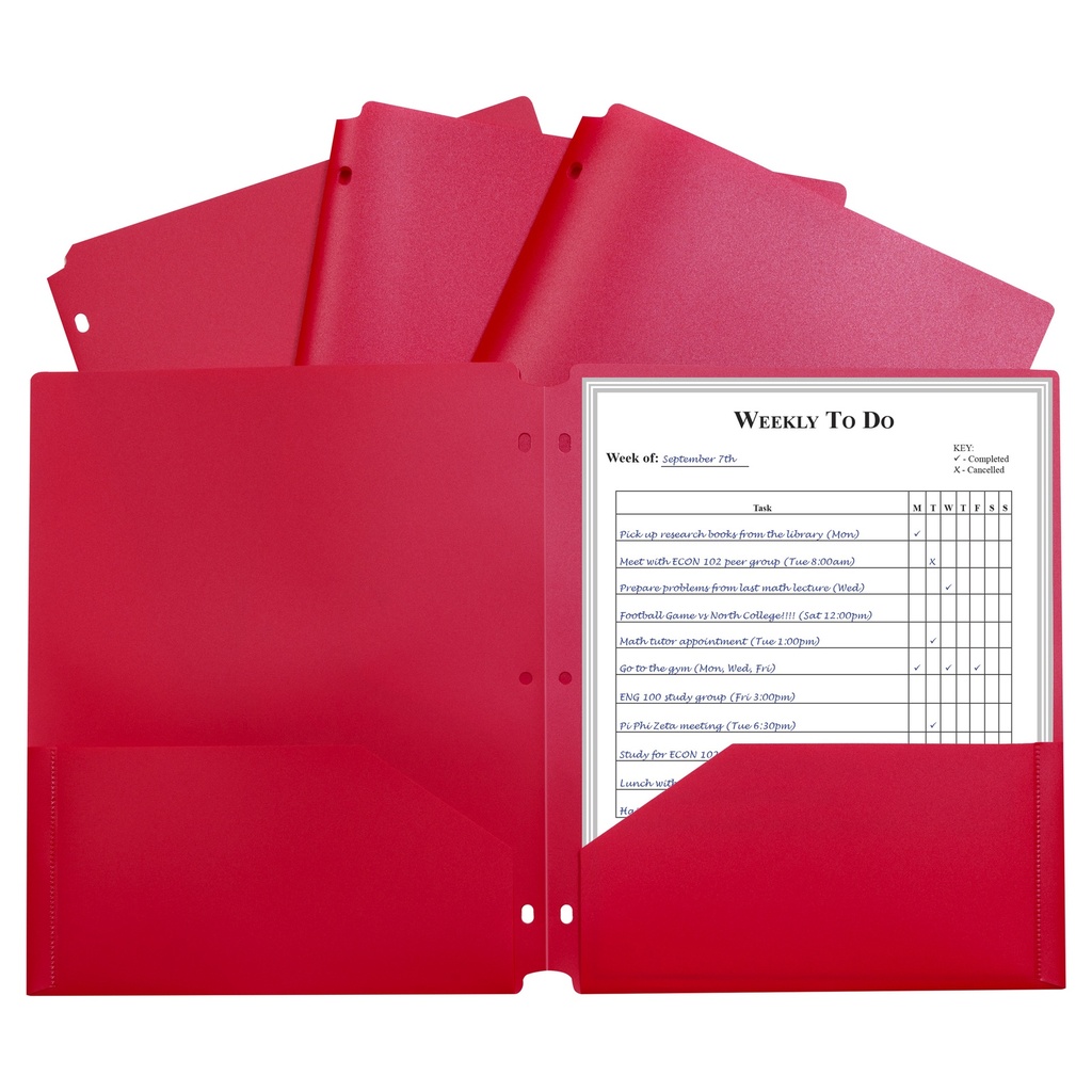 Two-Pocket Heavyweight Poly Portfolio Folder with Three-Hole Punch, Red, Pack of 25