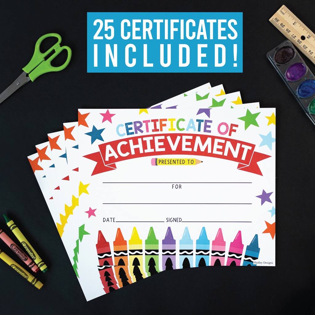 Colorful Crayons Award Certificates of Achievement for Students, Set of 25