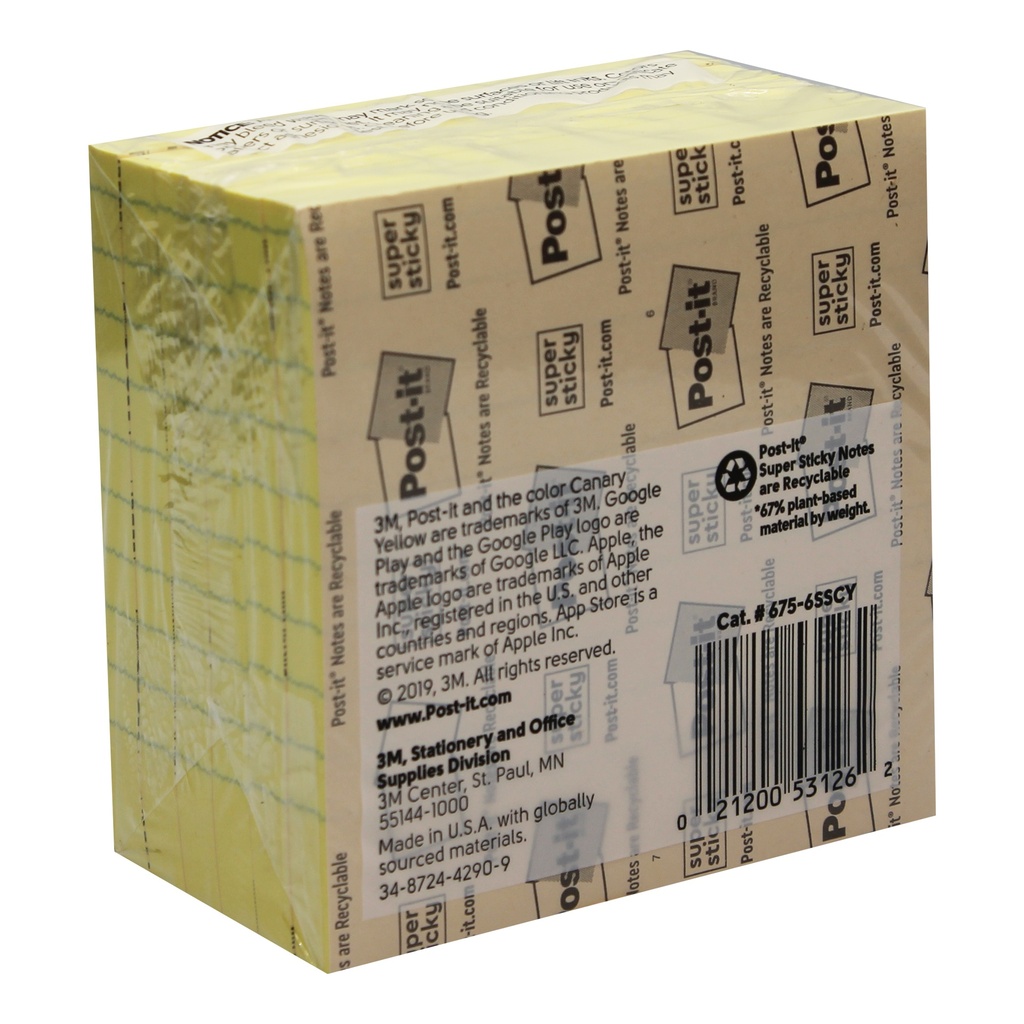 Lined Canary Yellow 4" x 4" Super Sticky Notes 6 Pads