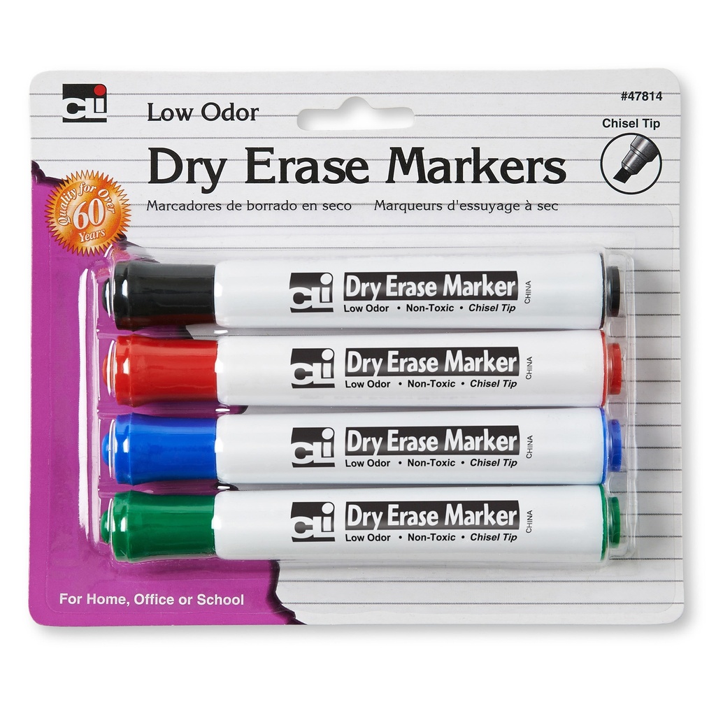 Assorted Low Odor Chisel Tip Barrel Style Dry Erase Markers Pack of 4