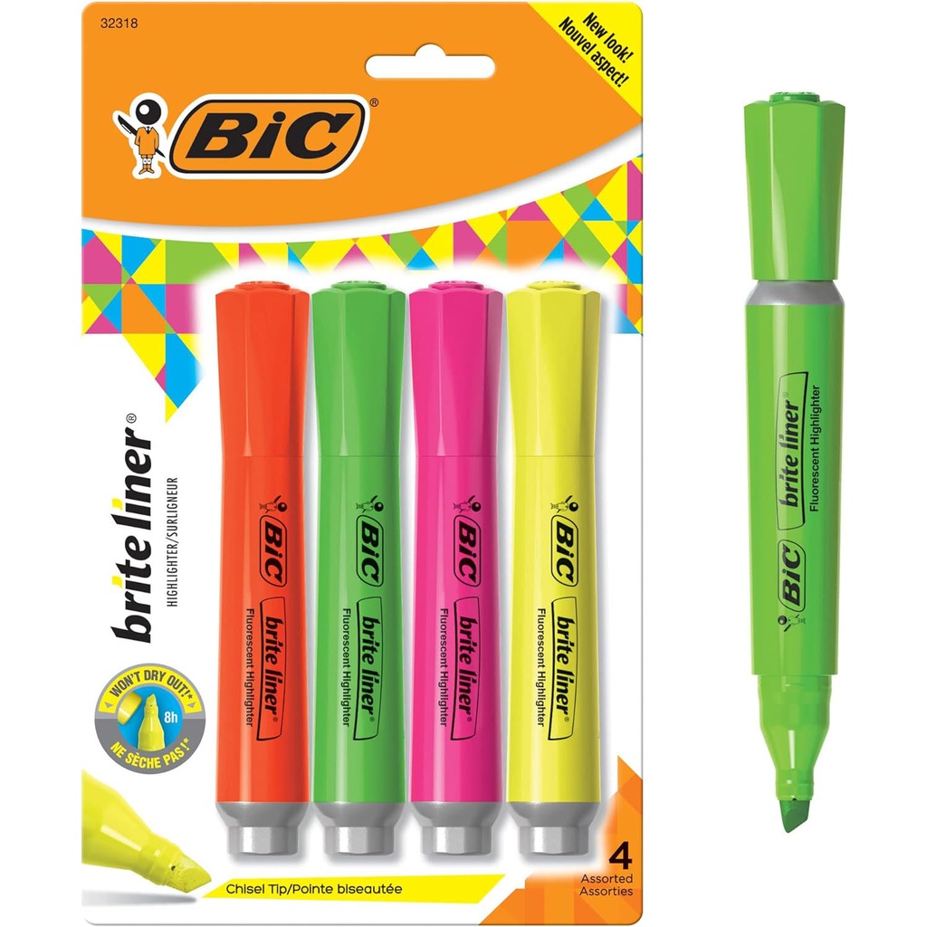 Chisel Tip Assorted Colors Brite Liner® Grip Tank Highlighter Pack of 4