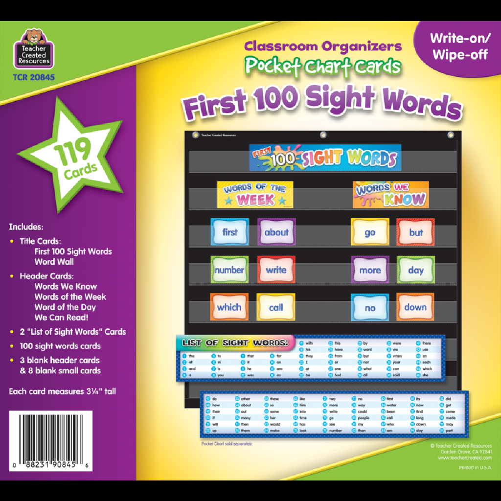 First 100 Sight Words Pocket Chart Cards