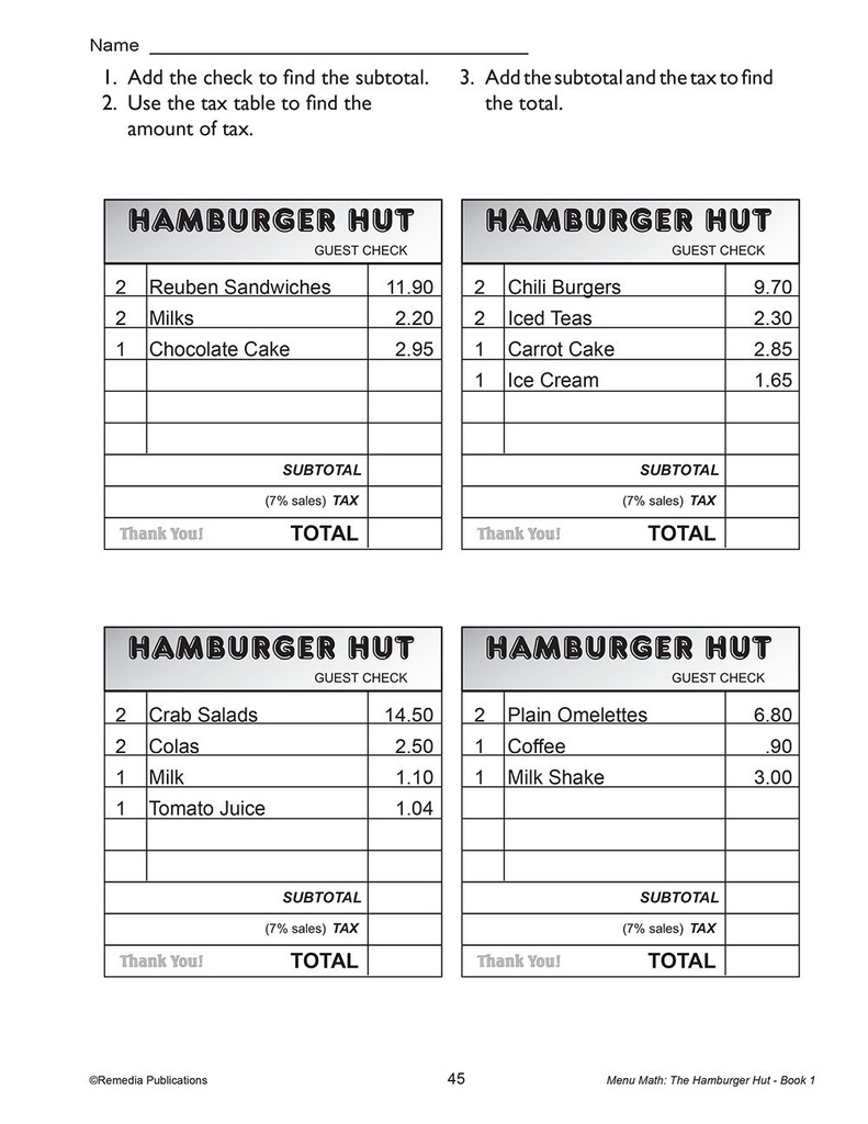 Menu Math: The Hamburger Hut Book, Addition & Subtraction