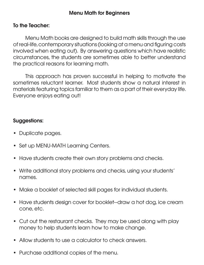 Menu Math for Beginners Book, Grades 1-3