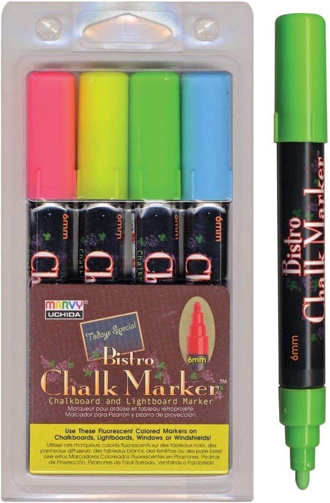 Broad Point Chalk Marker Set, Fluorescent Red, Blue, Yellow and Green
