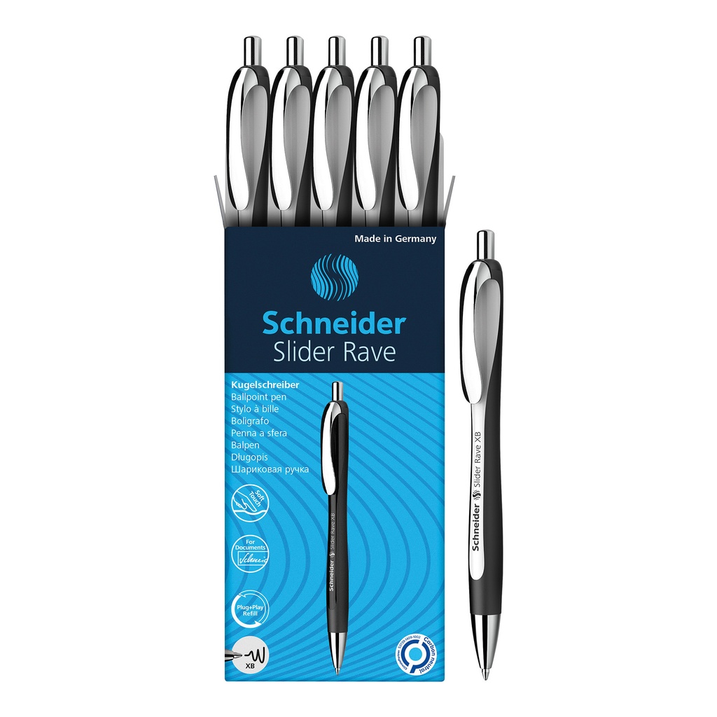 White-Black Barrel/Blue Ink Schneider Slider Rave XB Retractable Ballpoint Pens Box of 5