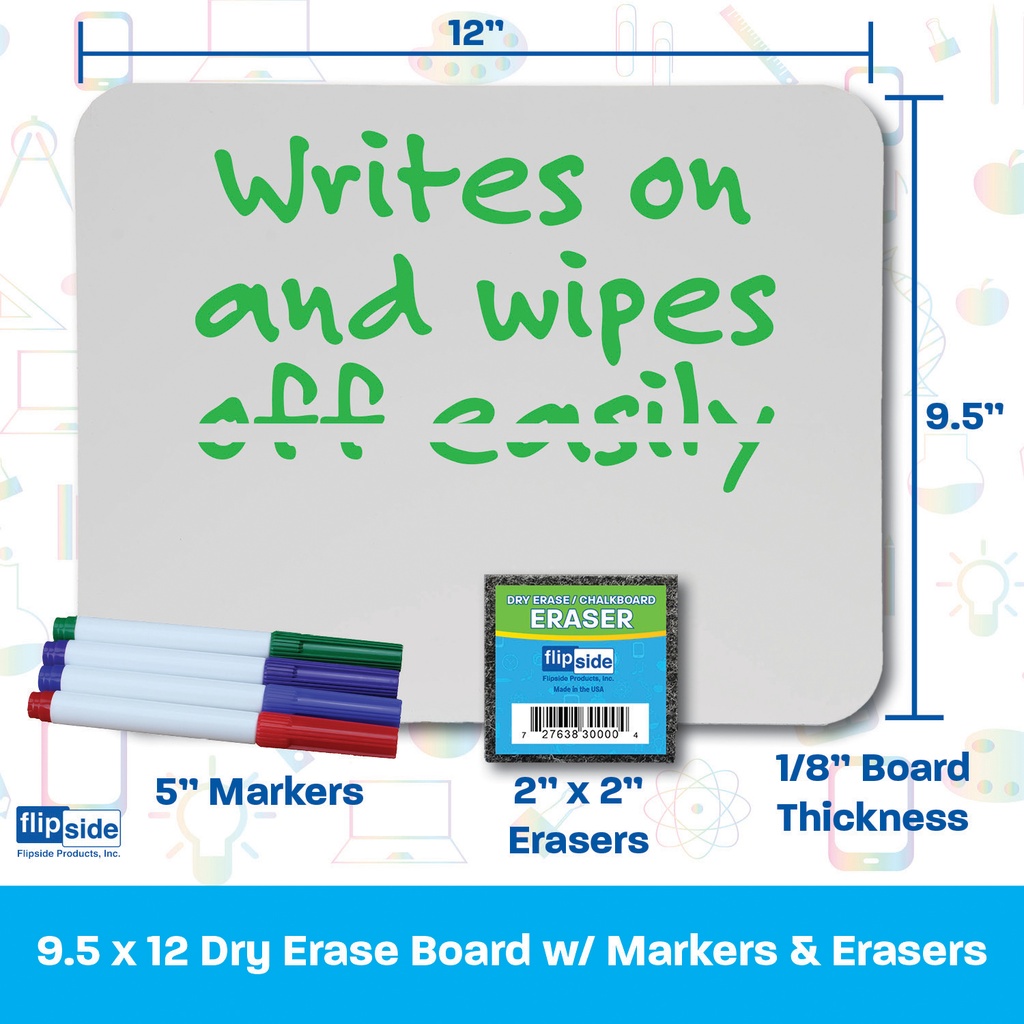 9" x 12" Dry Erase Boards with Colored Pens & Erasers Set of 12