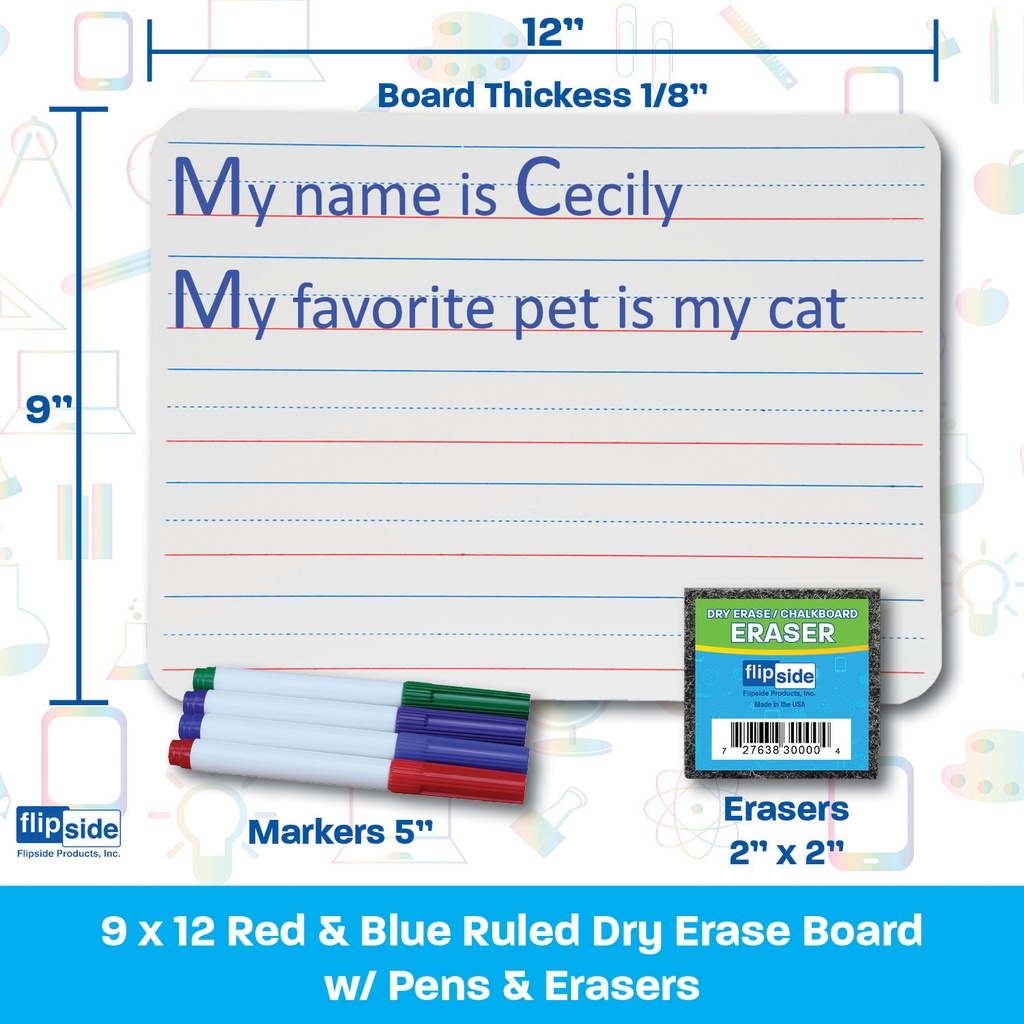9" x 12" Red & Blue Ruled/Plain Two-Sided Dry Erase Boards with Colored Pens & Student Erasers Class Pack 12