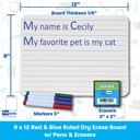 9" x 12" Red & Blue Ruled/Plain Two-Sided Dry Erase Boards with Colored Pens & Student Erasers Class Pack 12