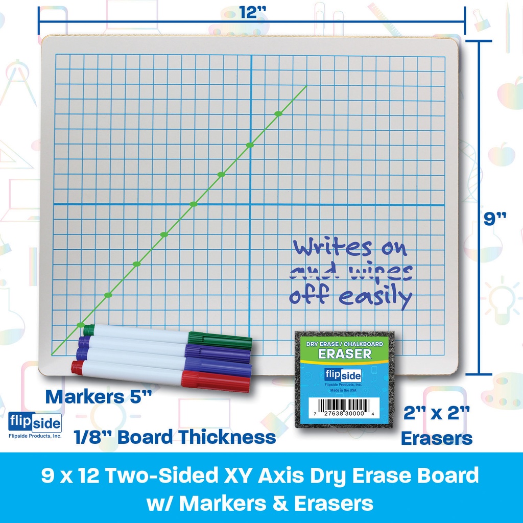 9" x 12" XY Axis/Plain Two-Sided Dry Erase Boards with Colored Pens & Erasers Class Pack of 12