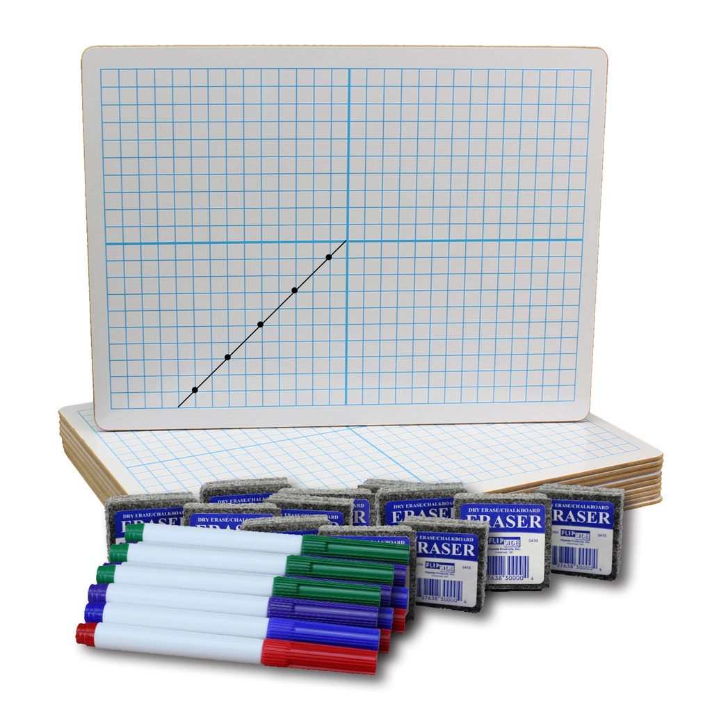 9" x 12" XY Axis/Plain Two-Sided Dry Erase Boards with Colored Pens & Erasers Class Pack of 12