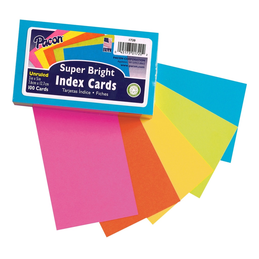 100ct 3in x 5in Super Bright Unruled Index Cards