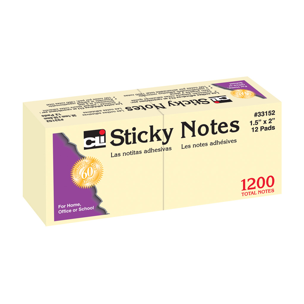 12ct 1.5x2 100 Sheet Yellow Sticky Note Pads