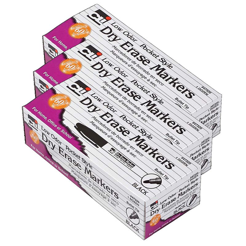 Dry Erase Markers, Pocket Style, Bullet Tip, Black, 12 Per Pack, 3 Packs