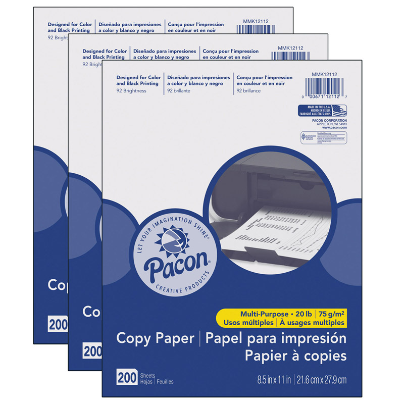 Multi-Purpose Paper, White, 20 lb., 8-1/2" x 11", 200 Sheets Per Pack, 3 Packs
