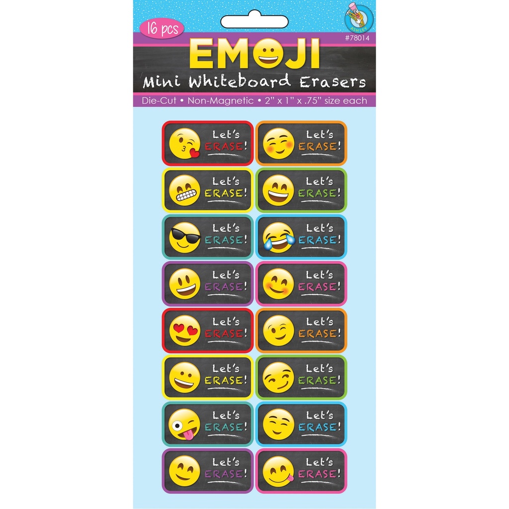 Non-Magnetic Mini Whiteboard Erasers, Emotions Icons, Pack of 16