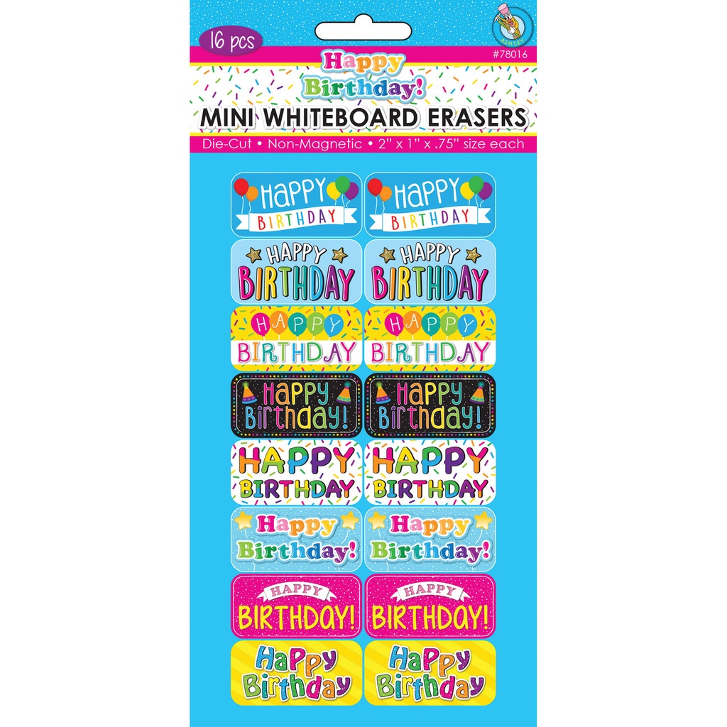 Non-Magnetic Mini Whiteboard Erasers, Happy Birthday, Pack of 16