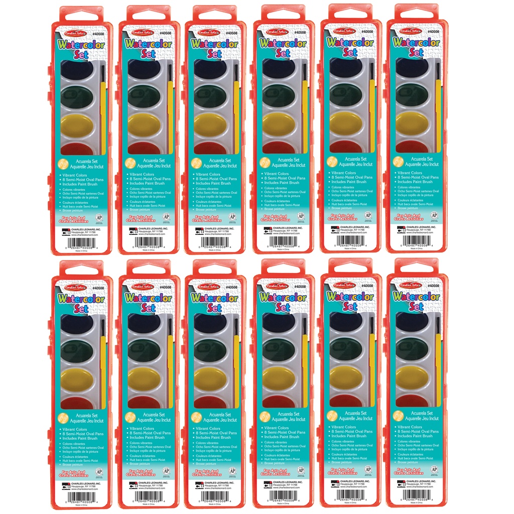 Semi-Moist 8 Colors Oval Pan Watercolor Paint Sets with Brush 12 Sets