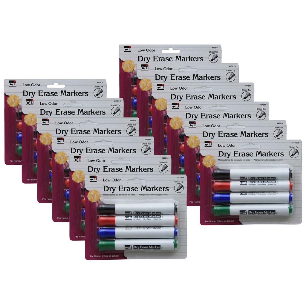 48 Barrel Syle Chisel Tip Dry Erase Markers in 4 Assorted Colors