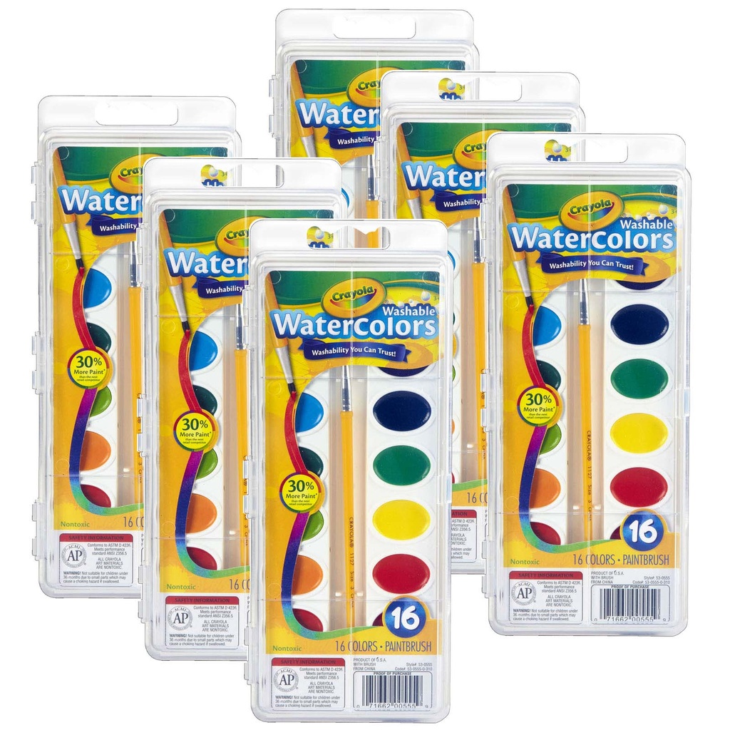 16 Color Semi-Moist Washable Oval Pan Watercolors with Brush 6ct