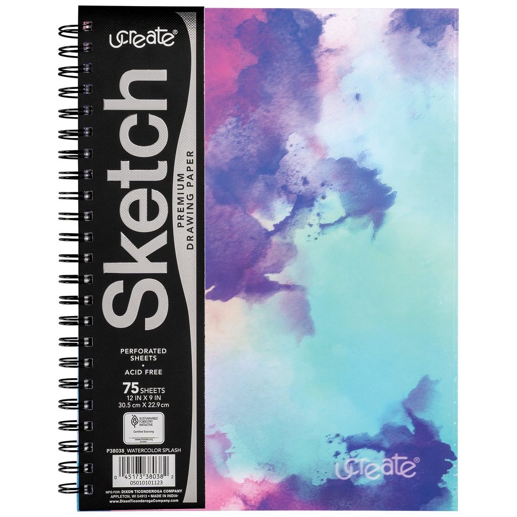 Watercolor Splash Unruled 12" x 9" Fashion Poly Sketch Book
